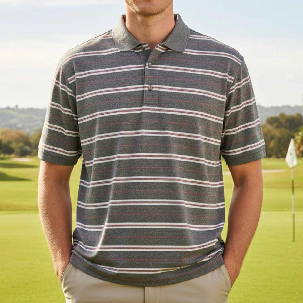 Grand Slam Polo Shirt Men 2XB Airflow Gray‎ Red Stripe Golf Short Sleeve Big